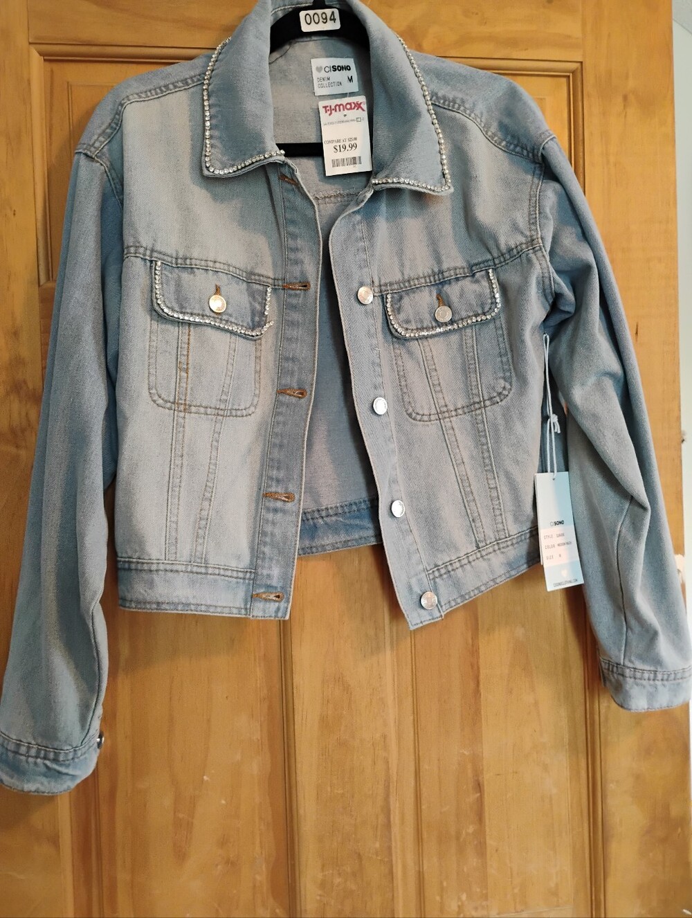 Light Wash Denim Jacket with Rhinestone Trim